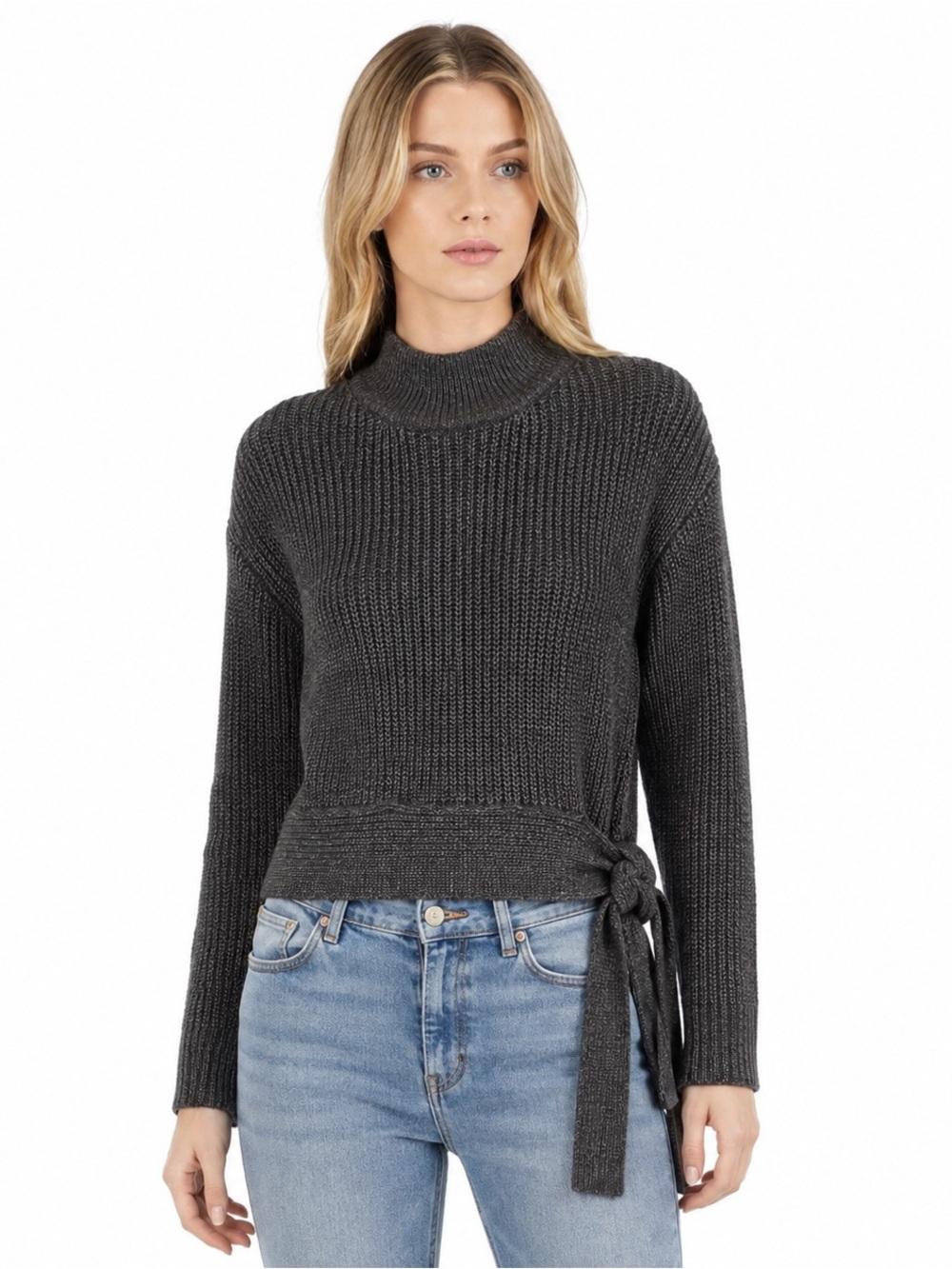 Worthington Gray Mock Neck Side-Tie Knit Sweater